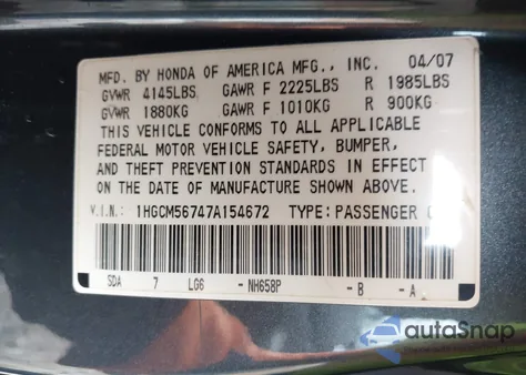 2007 Honda Accord 2.4 Ex z USA, uszkodzony, nr VIN 1HGCM56747A154672